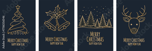 A collection of elegant gold line art designs for Christmas and New Year greeting cards, featuring a tree, bells, reindeer, and a winter forest scene on a dark background