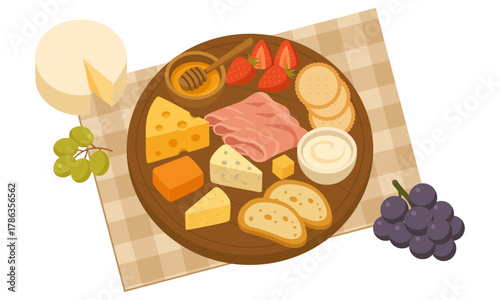 Cheese and charcuterie board with fruits and crackers - vector illustration