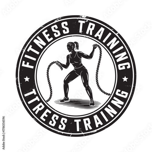 Fitness training emblem with woman using battle ropes