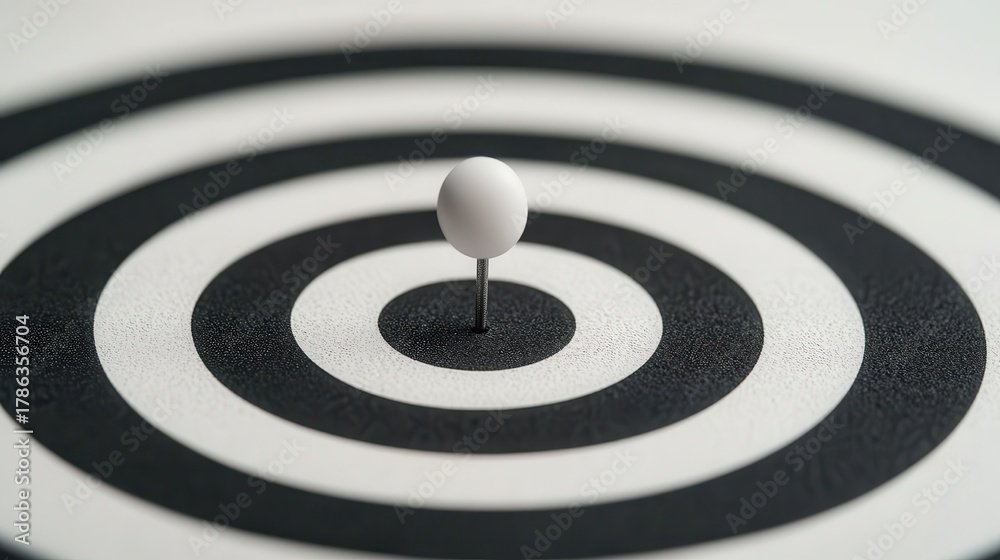 Fototapeta premium A close-up of a target featuring a white sphere on a pin, set against concentric black and white circles, symbolizing precision and focus.