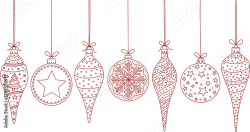 A charming array of delicately outlined Christmas decorations, including stars and snowflakes, hanging gracefully to bring festive spirit and elegant holiday cheer to any design project