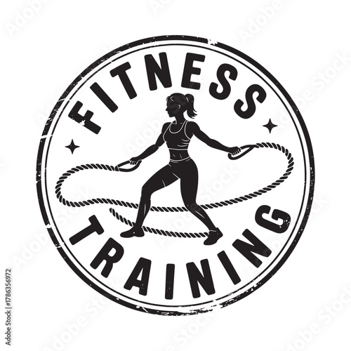 Fitness training silhouette of woman jumping rope in circular emblem