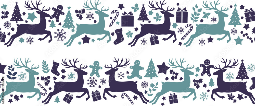 Fototapeta premium Elegant festive winter pattern featuring silhouetted reindeer, snowflakes, and holiday ornaments in a seamless design