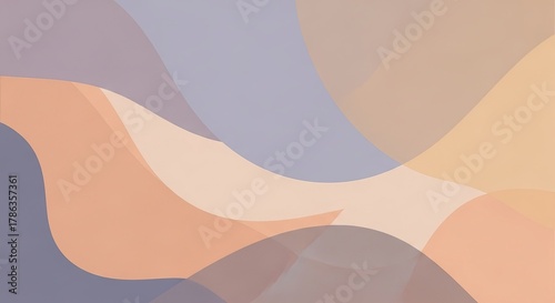 An abstract composition of overlapping, smooth, curved shapes in muted pastel tones of lavender, peach, and beige, creating a sense of gentle flow and depth.