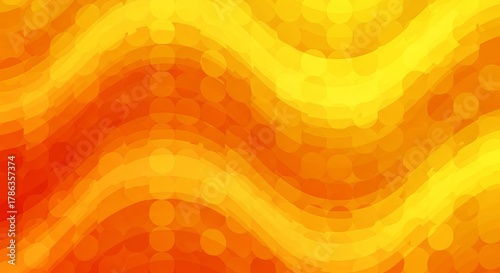 Abstract background with overlapping wavy bands of yellow and orange, overlaid with a pattern of translucent circles.