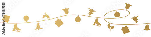 christmas golden garland with swith fir trees, ice skates, holly berry twigs, presents, bells and baubles- vector illustration