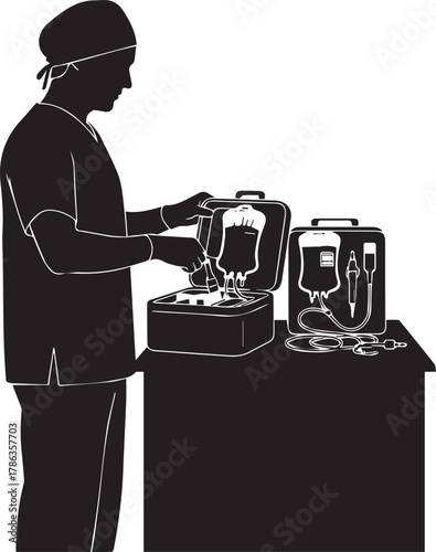 Silhouette of a medical professional preparing iv fluid bags for patient care in a hospital setting