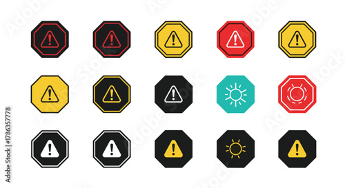 Comprehensive set of warning signs, featuring octagonal shapes with exclamation marks and sun symbols in various colors.