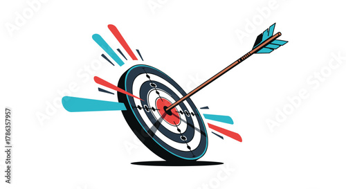 Arrow hitting the bullseye of a target, surrounded by radiating lines and color splashes, symbolizing precise goal achievement.