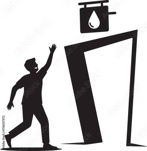 Silhouette of man reaching for droplet sign above giant open doorway symbolizing opportunity