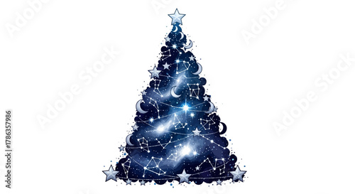 Stunning celestial Christmas tree adorned with constellations and shimmering stars creates a magical holiday atmosphere