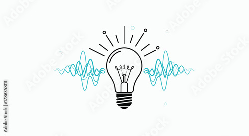 Bright lightbulb radiating lines, flanked by dynamic sound waves, symbolizing innovative ideas and audible insights.