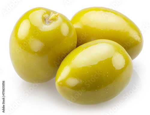 Canvastavla Three green olives isolated on white background