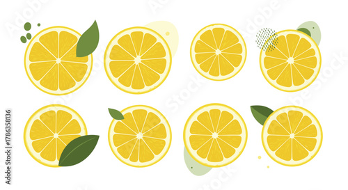 Refreshing lemon slices and wedges, some adorned with green leaves, presented in various inviting arrangements.