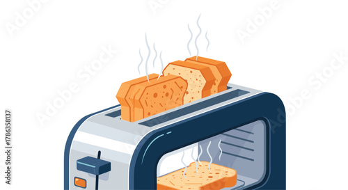 Classic toaster with multiple slices of perfectly golden-brown toast popping up, emitting gentle plumes of steam.
