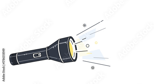 Powerful black flashlight emitting a strong, bright beam of light, surrounded by dynamic abstract shapes and particles.