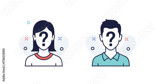 User profile icons (male and female) featuring question marks on their faces, symbolizing unknown identities or anonymity.