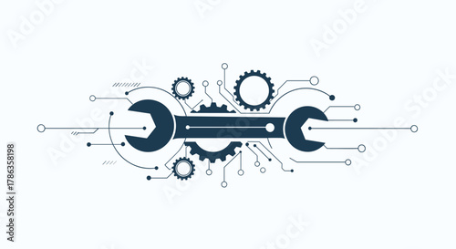 Technical support and engineering concept, depicting a wrench with gears, surrounded by digital circuit lines and dots.