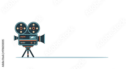 Classic retro film camera on a sturdy tripod with prominent film reels, symbolizing cinema and vintage filmmaking.