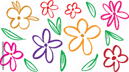 “Colorful doodle flowers and leaves drawn in playful hand sketch style. Bright floral pattern illustration for kids design, wallpaper, and stationery. Fun spring bloom artwork.”