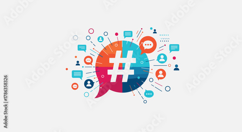 Large hashtag symbol within a speech bubble, surrounded by smaller bubbles and user icons, representing social media trends.