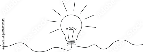 “Continuous one line drawing of light bulb idea concept. Minimalist innovation and creativity symbol in simple black line art style. Perfect for design, logo, or business inspiration themes.”
