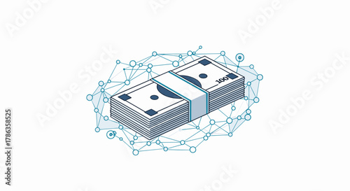 Stack of dollar bills surrounded by a network of interconnected lines and dots, representing digital finance or wealth management.