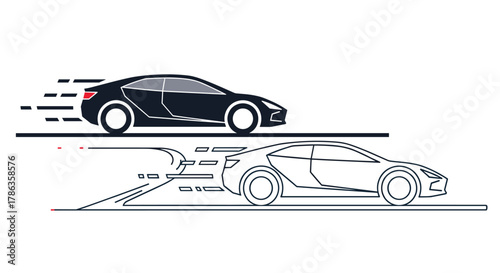 Two sleek fast cars, one solid black and one outline, depicted with dynamic speed lines, implying rapid velocity.