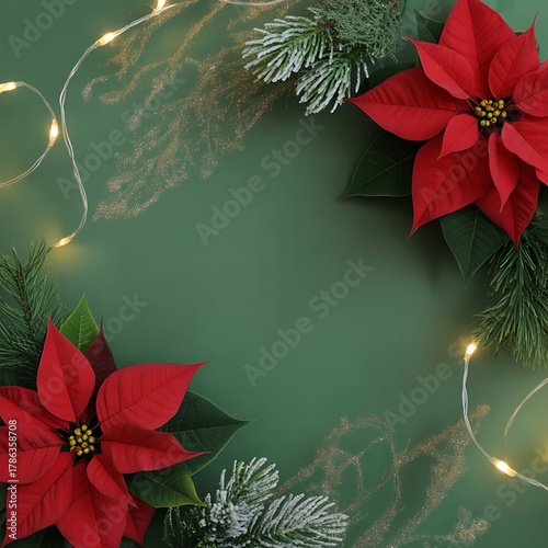 Festive red poinsettias and twinkling christmas lights adorn a deep green background