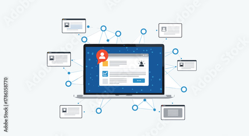 Laptop displaying a user profile with checkboxes, surrounded by a network of interconnected profiles and data points.