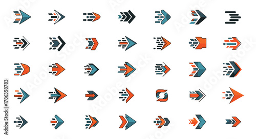 Extensive grid of diverse arrow icons, featuring speed lines, geometric shapes, and fragmented designs in blue and orange.
