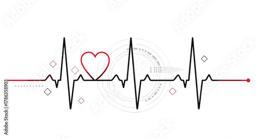 Heartbeat line (ECG) with a red heart in the middle and abstract circular patterns, representing health or life.