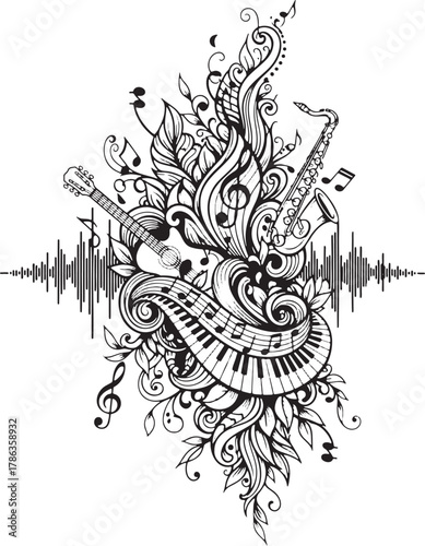 Melodic Flow: Detailed Composition of Saxophone, Guitar, and Piano with Sound Wave