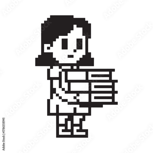 Pixel art character holding a stack of books