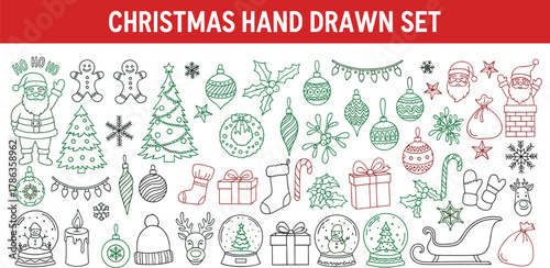 A charming collection of hand-drawn Christmas illustrations, featuring festive ornaments, beloved characters, and winter symbols, ideal for holiday season designs