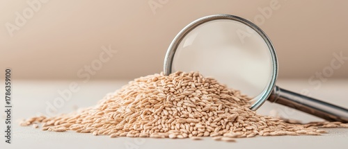 Close up view of a pile of grains and a magnifying glass, symbolizing scientific research and biotechnology analysis of natural elements.