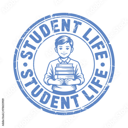 Student life stamp with boy holding books