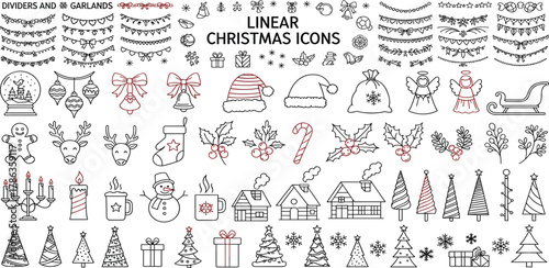 A large set of Christmas and New Year outline icons featuring festive garlands, Santa hats, snowflakes, and holiday decorations for seasonal design