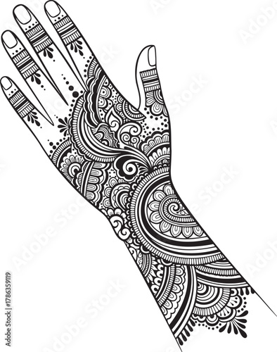 Traditional Mendhi Hand Design: Detailed Black and White Indian Body Art