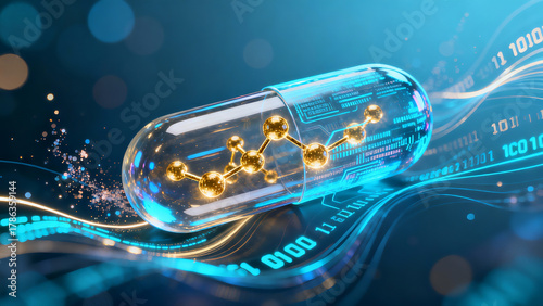 Cyberpunk Micro Tech Transparent Capsule Glowing Molecules AI Biopharmaceutical