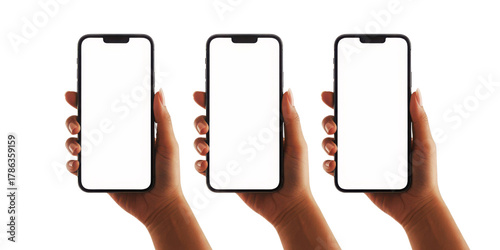 Three hands holding modern smartphones with blank white screens.