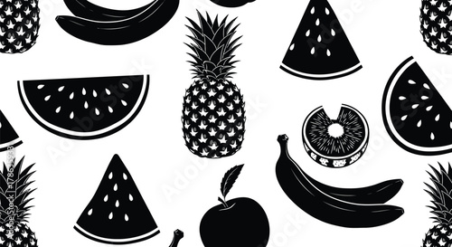 A repeating pattern of black and white fruit icons including pineapples, bananas, and watermelon slices.