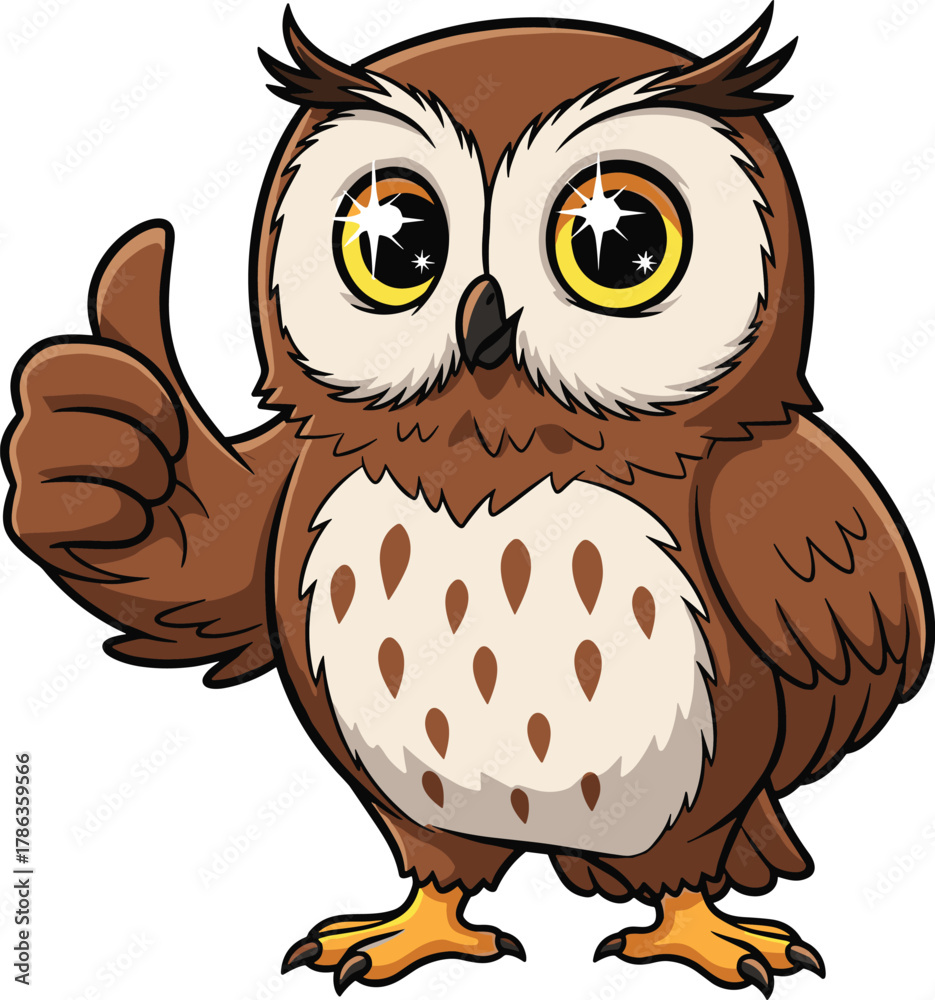 Fototapeta premium Cute cartoon owl giving thumbs up, happy bird character illustration with big shiny eyes, forest animal mascot design for kids.