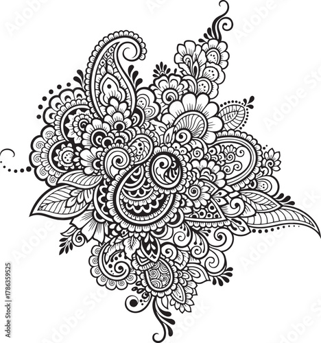 Detailed Traditional Indian Mendhi Motif: Ornament with Swirls and Flowers