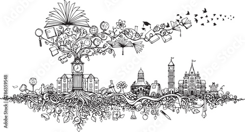 Black and White Education Cityscape: Knowledge Tree and University Buildings