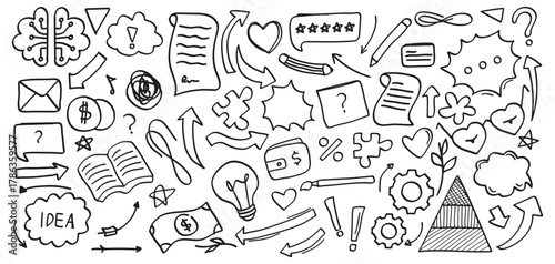Hand Drawn Black Doodle Ideas Thinking and Knowledge and Business Icon Collection.