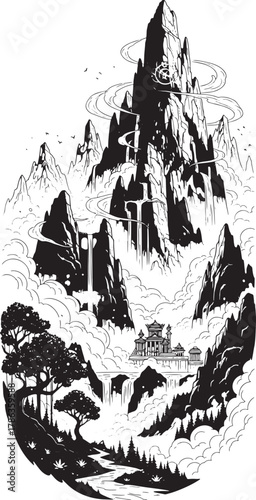 Mythical Asian Mountain Landscape: Black and White Vertical Vector Illustration