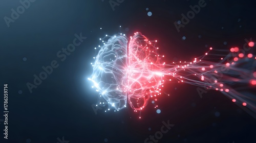 An abstract representation of a human brain divided into blue and red glowing hemispheres featuring intricate neural networks and luminous data streams symbolizing intelligence and processing