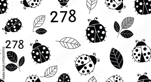 A seamless pattern of ladybugs and leaves with numbers scattered across the white background.
