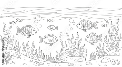 A school of fish swims through underwater plants and bubbles in this black and white illustration.